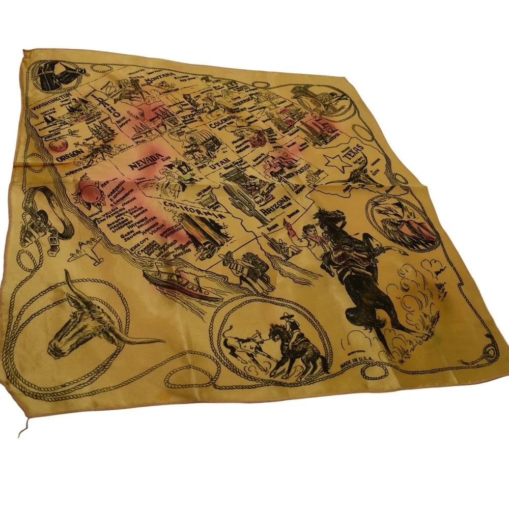 Vintage Western USA Map Souvenir Scarf Yellow Cowboy Americana Made in USA 23x23